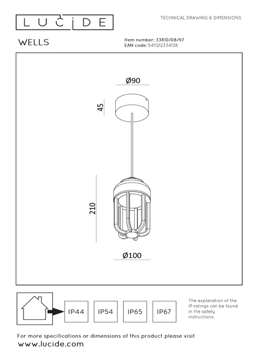 Lucide WELLS - Pendelleuchten Innen/Außen - Ø 10 cm - LED - 1x8W 2700K - IP54 - Rostfarbe | Essential - technisch